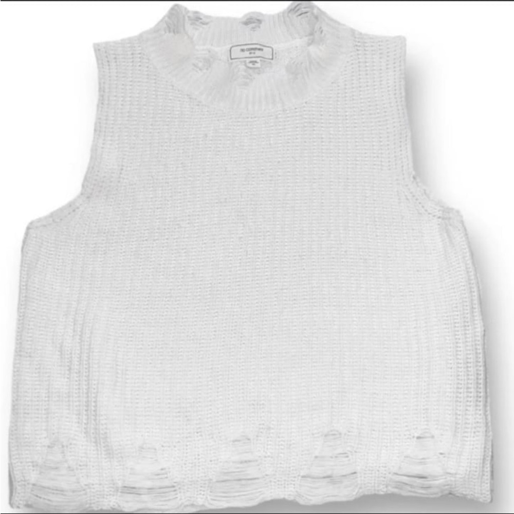 No Comment Sleeveless Mock Neck Distressed Cropped Ivory Sweater, Size XL, EUC